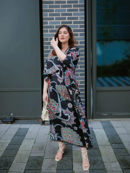 Pakistani Original Sahibas By Mirza Textured Cotton Stitched Kaftan _ Black